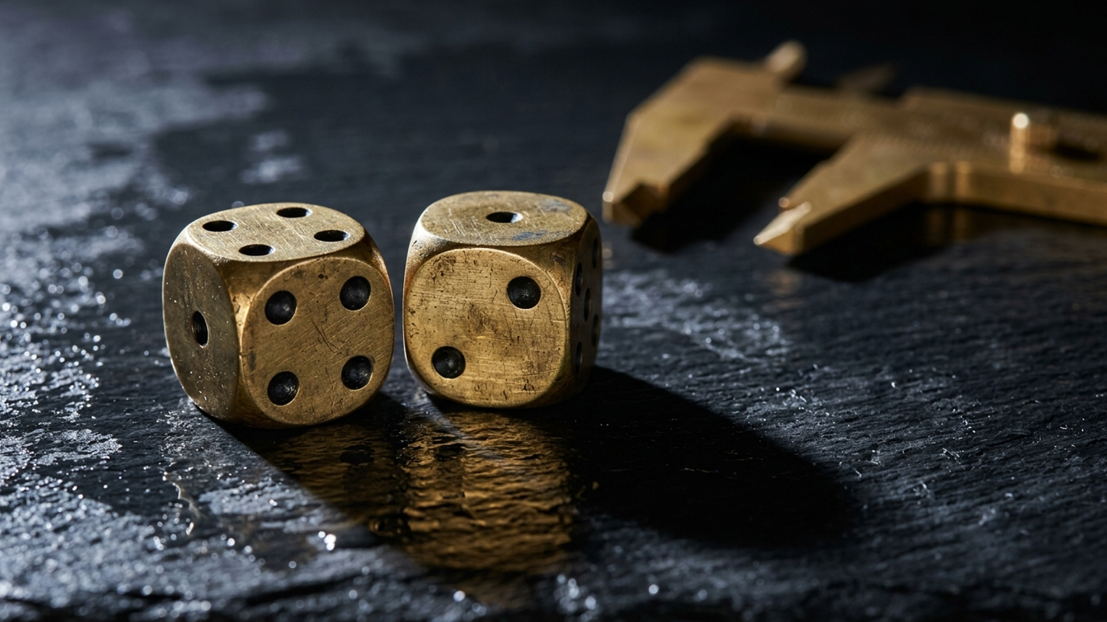 Two identical brass dice on dark slate, one showing four pips and the other two.